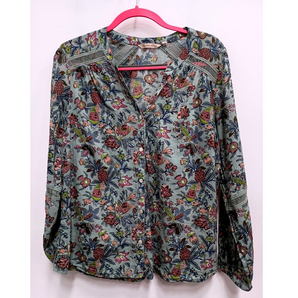 Soft‎ Surroundings Blouse Top Women Medium Green Floral Boho Peasant Ladder Lace